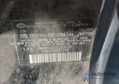 2012 Hyundai Elantra Limited (Ulsan Plant) from USA, damaged, VIN KMHDH4AE0CU208187
